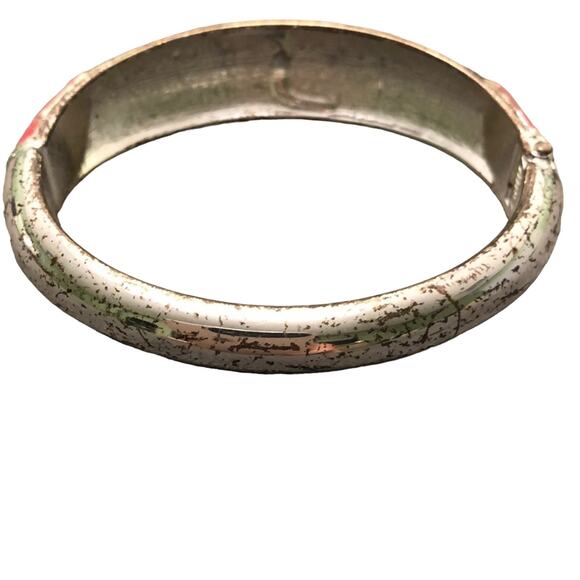 Pink Mosaic Bracelet with Rhinestones Silvertone Metal Bangle Art Deco Artsy - Picture 3 of 7